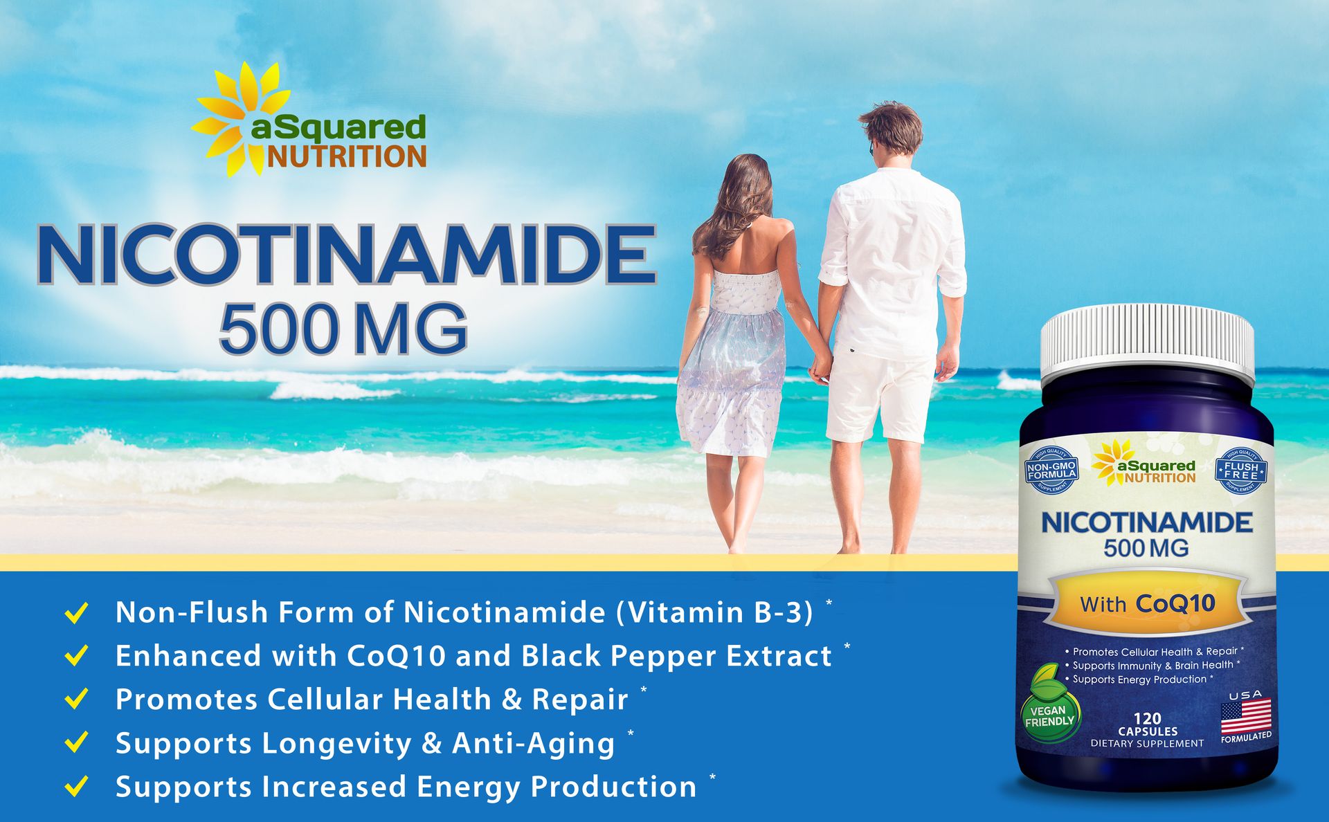 Nicotinamide with CoQ10 (120 Capsules) - Vitamin B3 500mg (Niacinamide Flush Free) - Coenzyme Q10 Powder - VIT B-3 & Coq 10 Supplement Pills to Support Energy, NAD, & Skin Cell Health