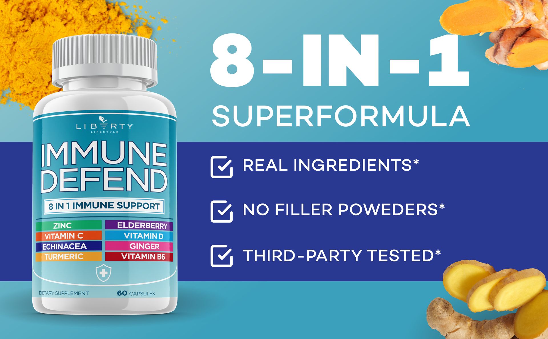 8 in 1 Immune Defense Support, Immunity Vitamins Supplement Booster Zinc 50mg, Vitamin C Elderberry VIT D3 5000 IU, Turmeric Curcumin & Ginger, Echinacea - Allergy Relief for Kids Adults (2 Pack)