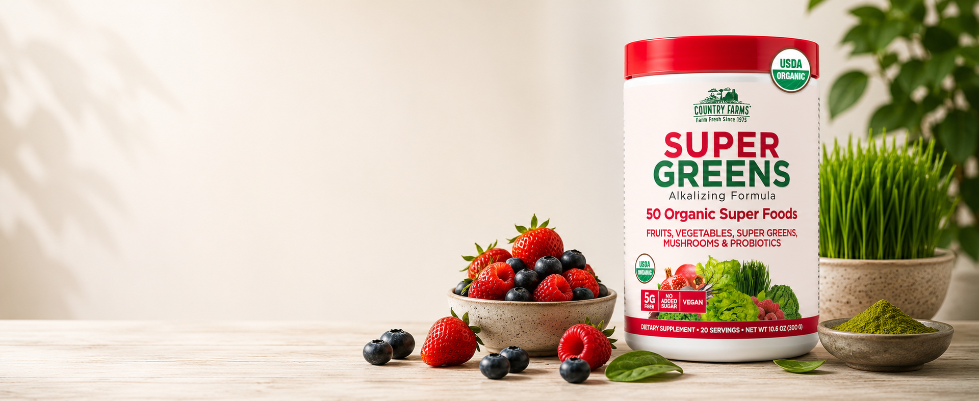 Country Farms Organic Super Greens Powder, 50 Organic Superfoods, Daily Greens Drink Mix with Fruits, Vegetables, Fiber, Probiotics & Mushrooms, Supports Energy, Gut Health & Digestion, Natural Flavor