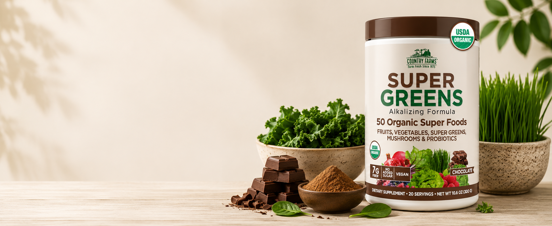 Country Farms Organic Super Greens Powder, 50 Organic Superfoods, Daily Greens Drink Mix with Fruits, Vegetables, Fiber, Probiotics & Mushrooms, Supports Energy, Gut Health & Digestion, Natural Flavor