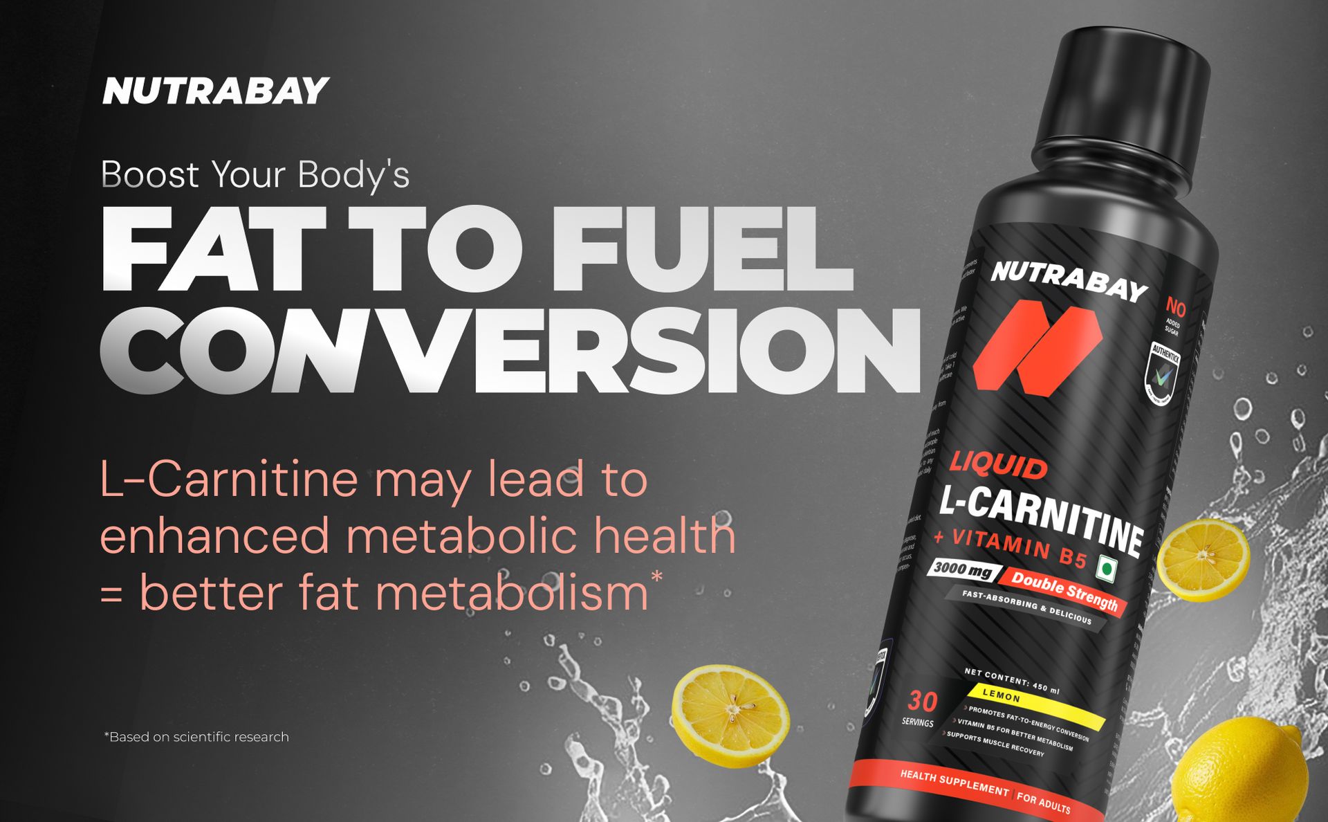 Nutrabay Pro Liquid L-Carnitine (3000mg) with Vitamin B5 –Pre/Post Workout – 450ml, Lemon, 30 Servings | Tested for Purity | 100% Authentic Metabolism Booster for Weight Loss Support | 2X Strength