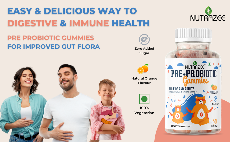 Nutrazee Pre Probiotic Gummies, 2 Billion CFU Clinically Validated, Zero Sugar Supplement For Kids, Men & Women | Gut Health, Digestion, Easy Bowel Movement & Immunity, 30 Gummy Bear