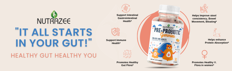 Nutrazee Pre Probiotic Gummies, 2 Billion CFU Clinically Validated, Zero Sugar Supplement For Kids, Men & Women | Gut Health, Digestion, Easy Bowel Movement & Immunity, 30 Gummy Bear