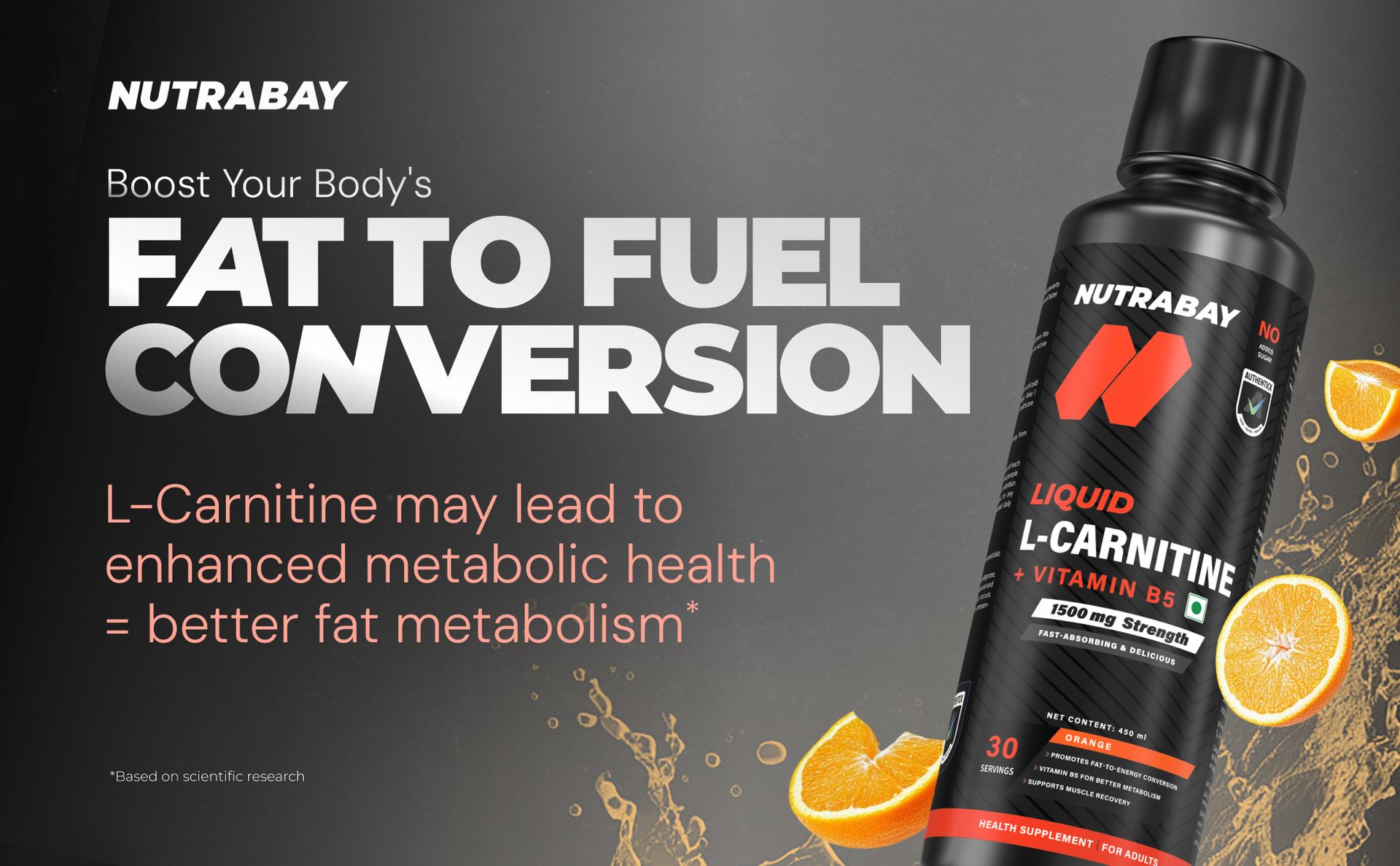 Nutrabay Pro Liquid L-Carnitine (1500mg) with Vitamin B5 –Pre/Post Workout Supplement – 450ml, Orange, 30 Servings | Tested for Purity | 100% Authentic Metabolism Booster for Weight Loss Support