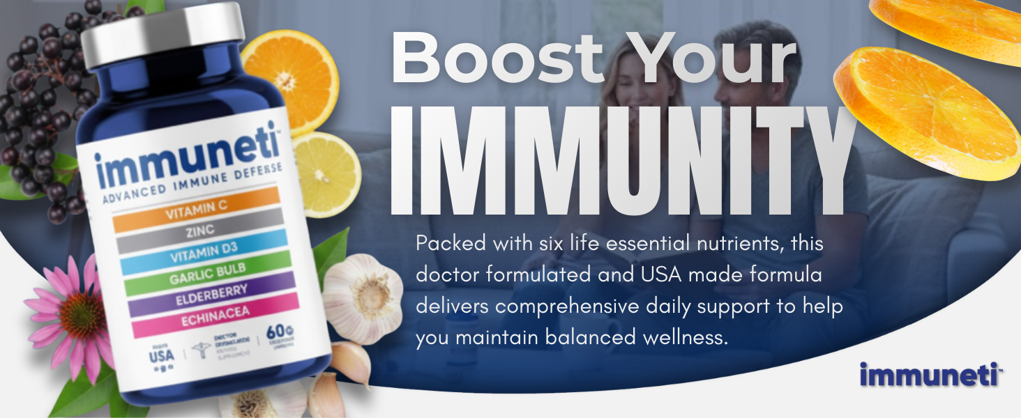 Immuneti Advanced Immune Support – Doctor Formulated 6-in-1 Daily Immunity Supplement – Made in USA – With Vitamin C, D3, Zinc, Elderberry, Garlic & Echinacea - Vital Nutrients & Antioxidants (1)