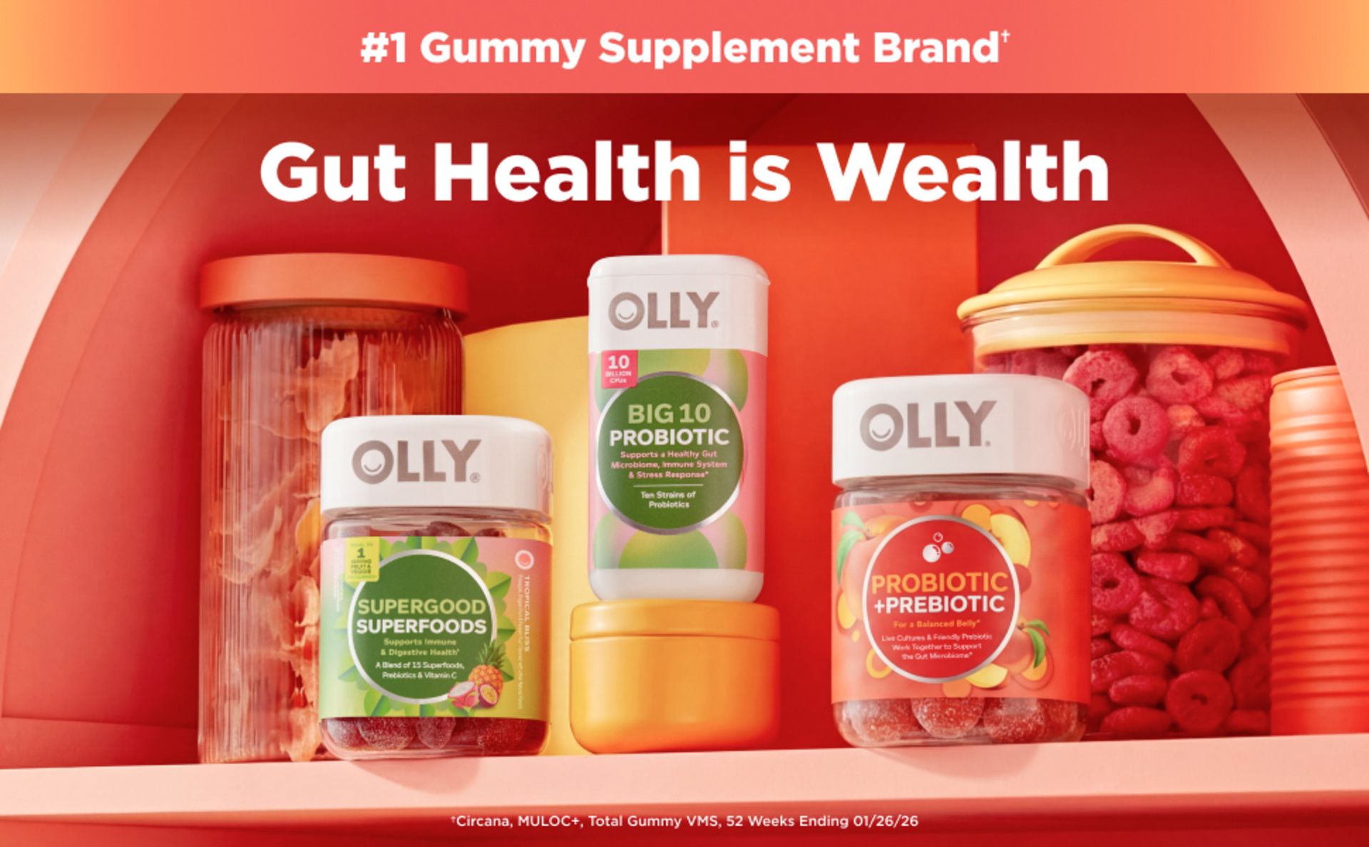 OLLY Probiotic + Prebiotic Gummy, 500 million CFUs, Peachy Peach - 60 Count