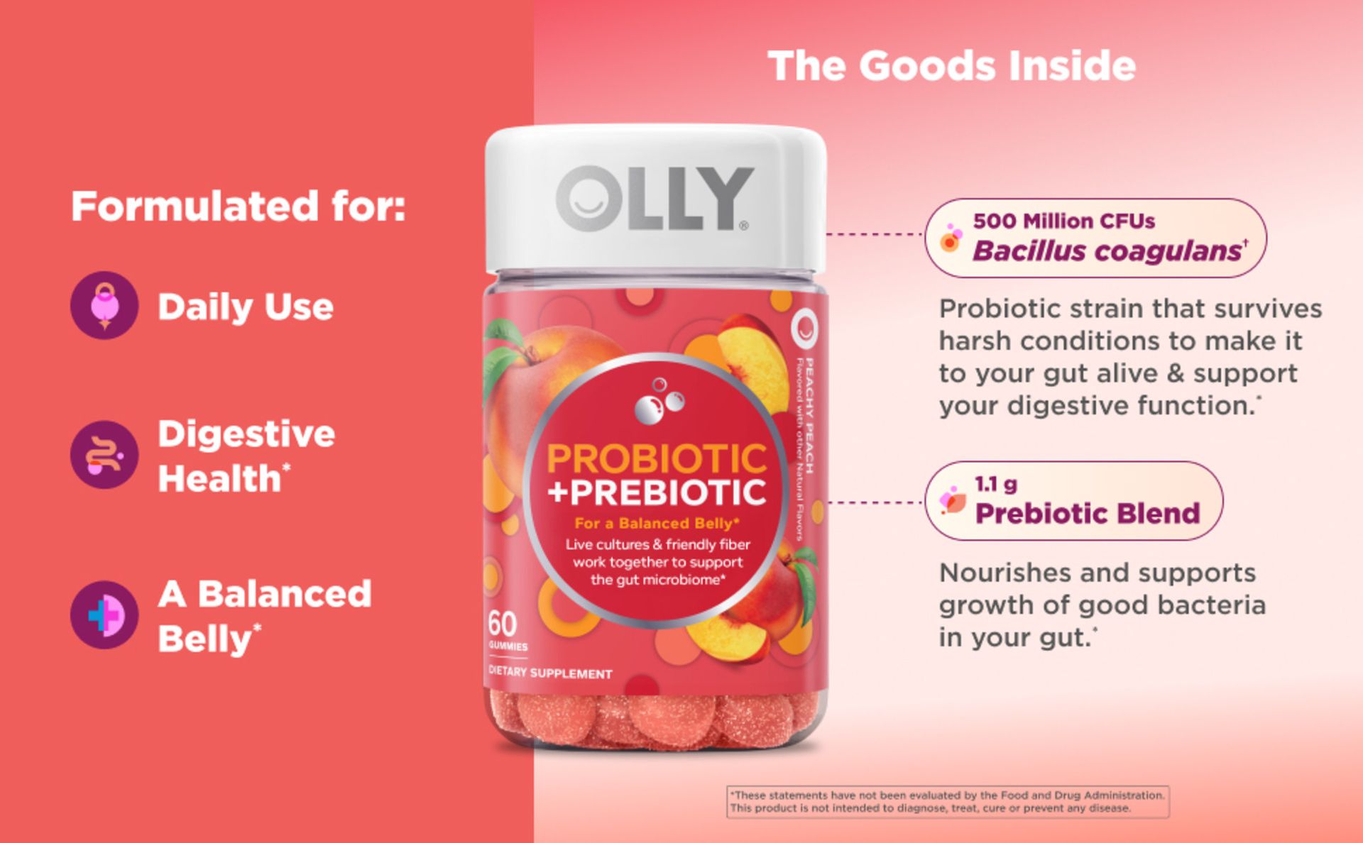 OLLY Probiotic + Prebiotic Gummy, 500 million CFUs, Peachy Peach - 60 Count
