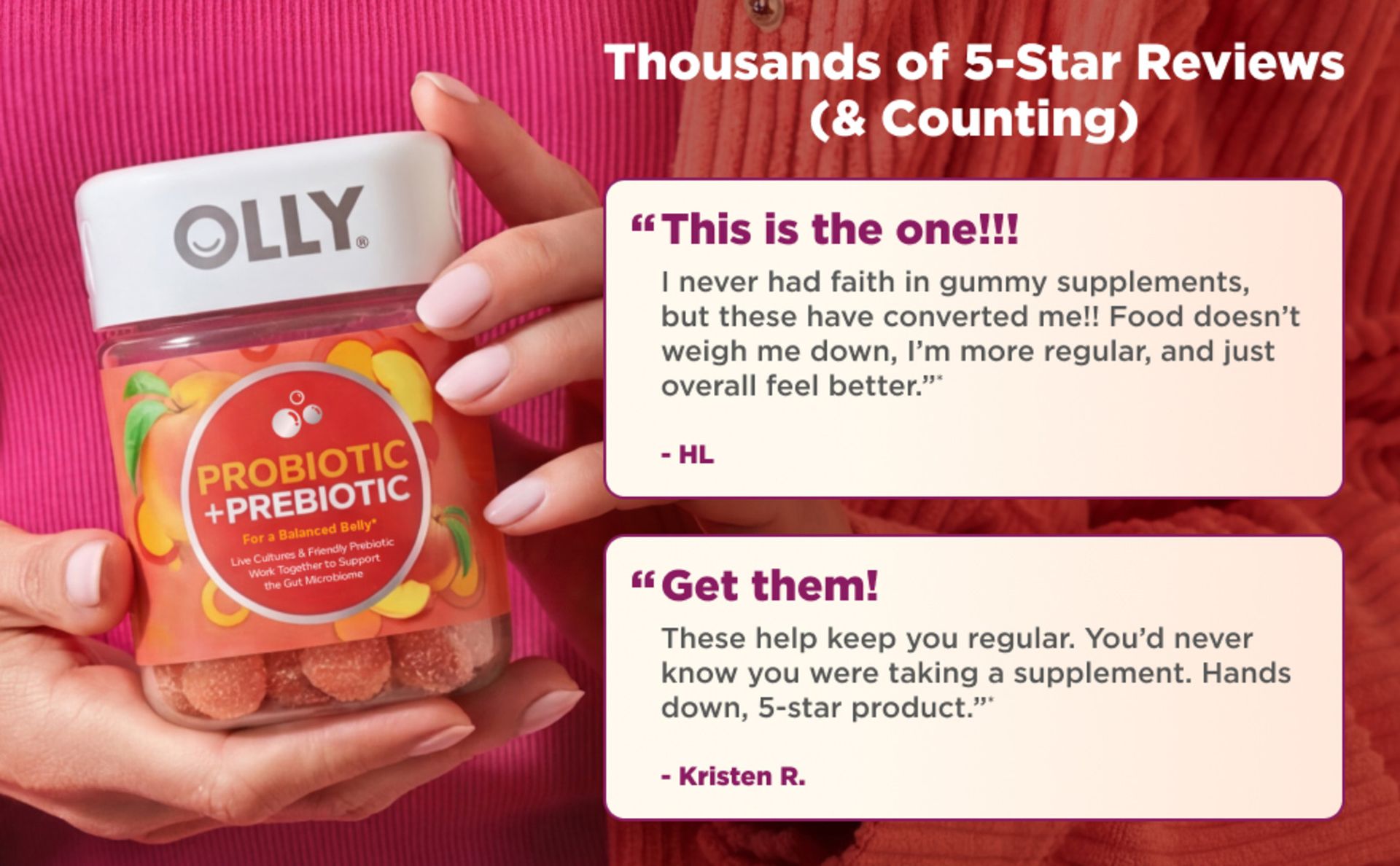 OLLY Probiotic + Prebiotic Gummy, 500 million CFUs, Peachy Peach - 60 Count