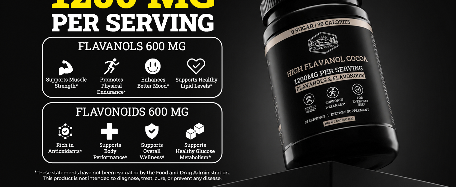 Black Forest High Flavanol Cocoa Powder - 1200mg Flavanols & Flavonoids with 600mg Epicatechin - 10X Concentrated Dark Cocoa Extract for Nitric Oxide and Wellness Support - Non-GMO Vegan