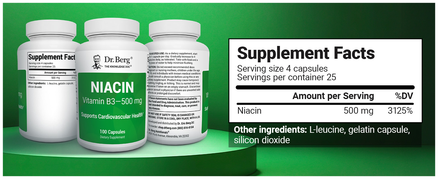Dr. Berg Highly-Potent Niacin 500 mg – Now Only 125 mg per Capsule for Niacin Flush Tolerance Building – Gradually Increase to 500mg a Day – Vitamin B3 for Heart, Brain & Energy Support – 100 Capsules