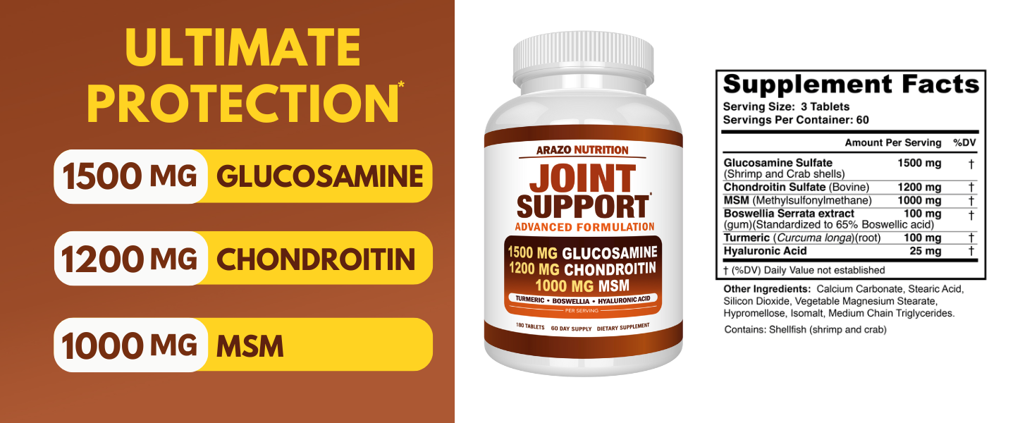 Arazo Nutrition Glucosamine Chondroitin Turmeric Msm Boswellia - Joint Support Supplement for Relief for Bones, Back, Knees, Hands (180 Tablets)