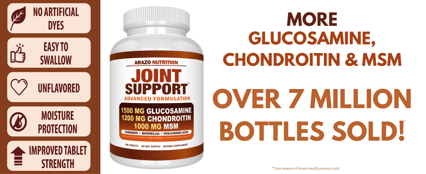Arazo Nutrition Glucosamine Chondroitin Turmeric Msm Boswellia - Joint Support Supplement for Relief for Bones, Back, Knees, Hands (180 Tablets)