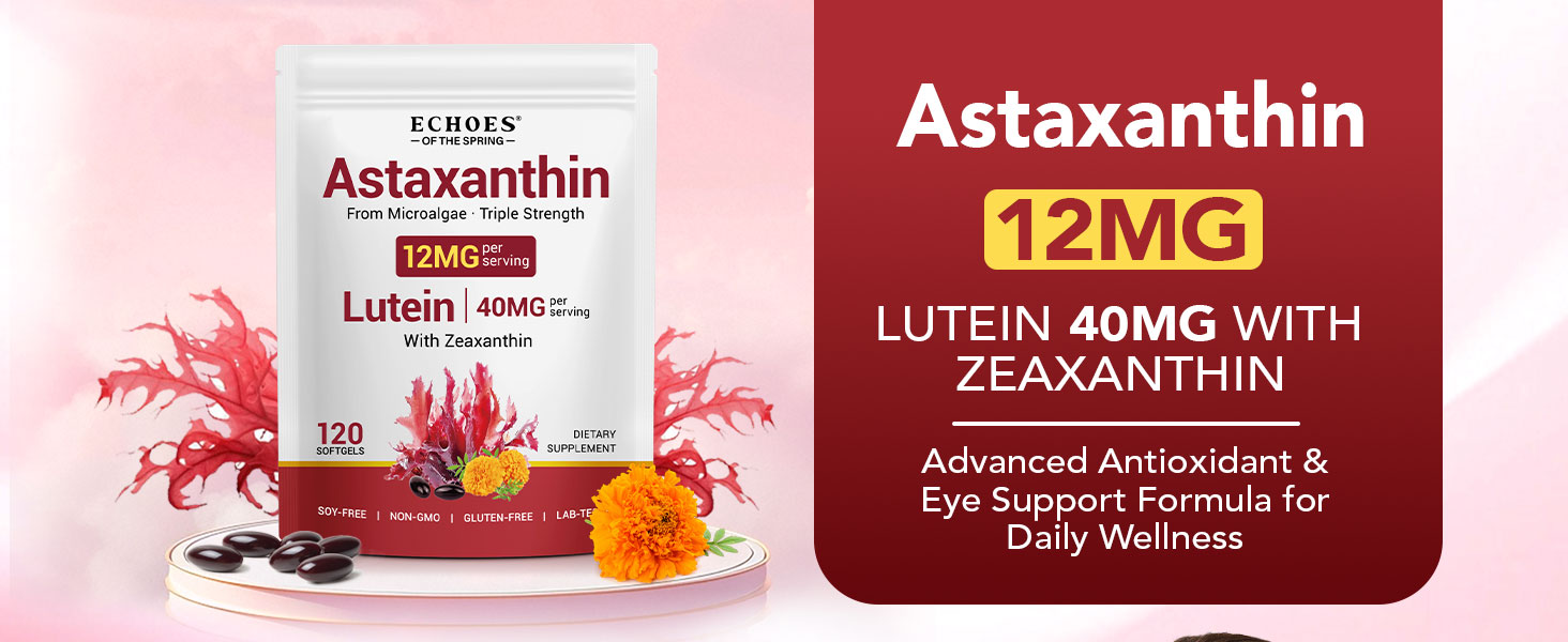 Astaxanthin 12mg & Lutein 40mg with Zeaxanthin Supplements, Fresh Microalgae Source, Supports Eye, Skin, Antioxidant, Joint, Circulatory Health, Gluten Free, 4 Month Supply | 120 Softgels