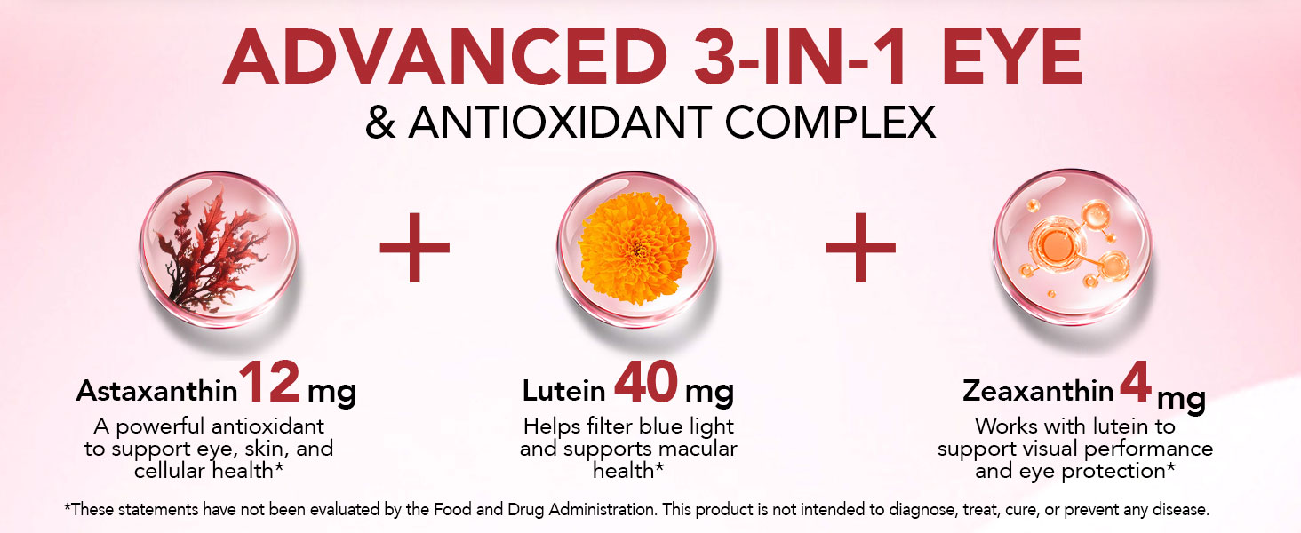 Astaxanthin 12mg & Lutein 40mg with Zeaxanthin Supplements, Fresh Microalgae Source, Supports Eye, Skin, Antioxidant, Joint, Circulatory Health, Gluten Free, 4 Month Supply | 120 Softgels
