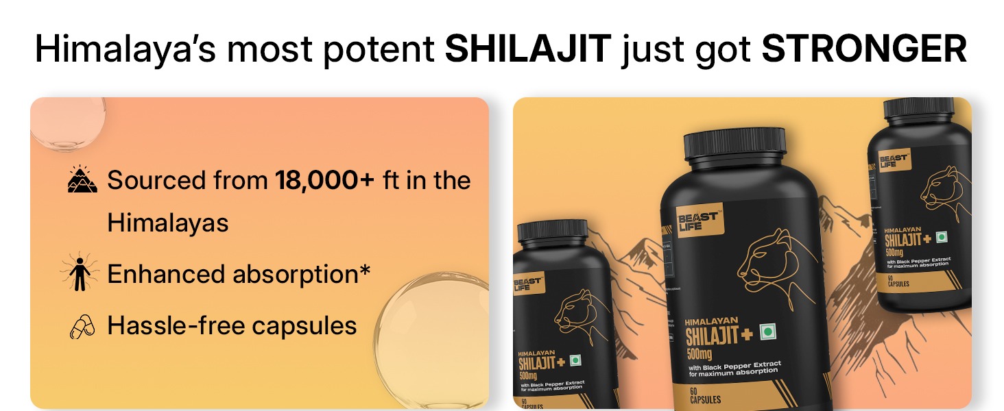 BeastLife Himalayan Shilajit | Pure & Potent Shilajit Supplement | Improve Muscle Strength, Enhances Stamina, Energy & Power | Supports Faster Recovery | Natural & Organic Shilajeet (60 Capsules)
