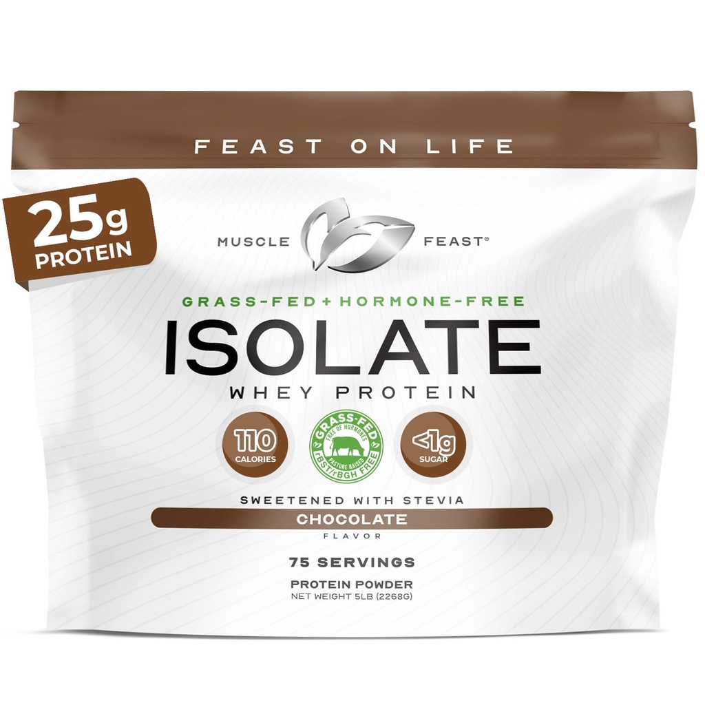 Muscle Feast Grass-Fed Whey Protein Isolate, All Natural Hormone Free Pasture Raised, Whey Isolate Protein Powder for Hombre and Women, Clean, Gluten-Free, Delicious Isolate Protein - Chocolate, 5lb