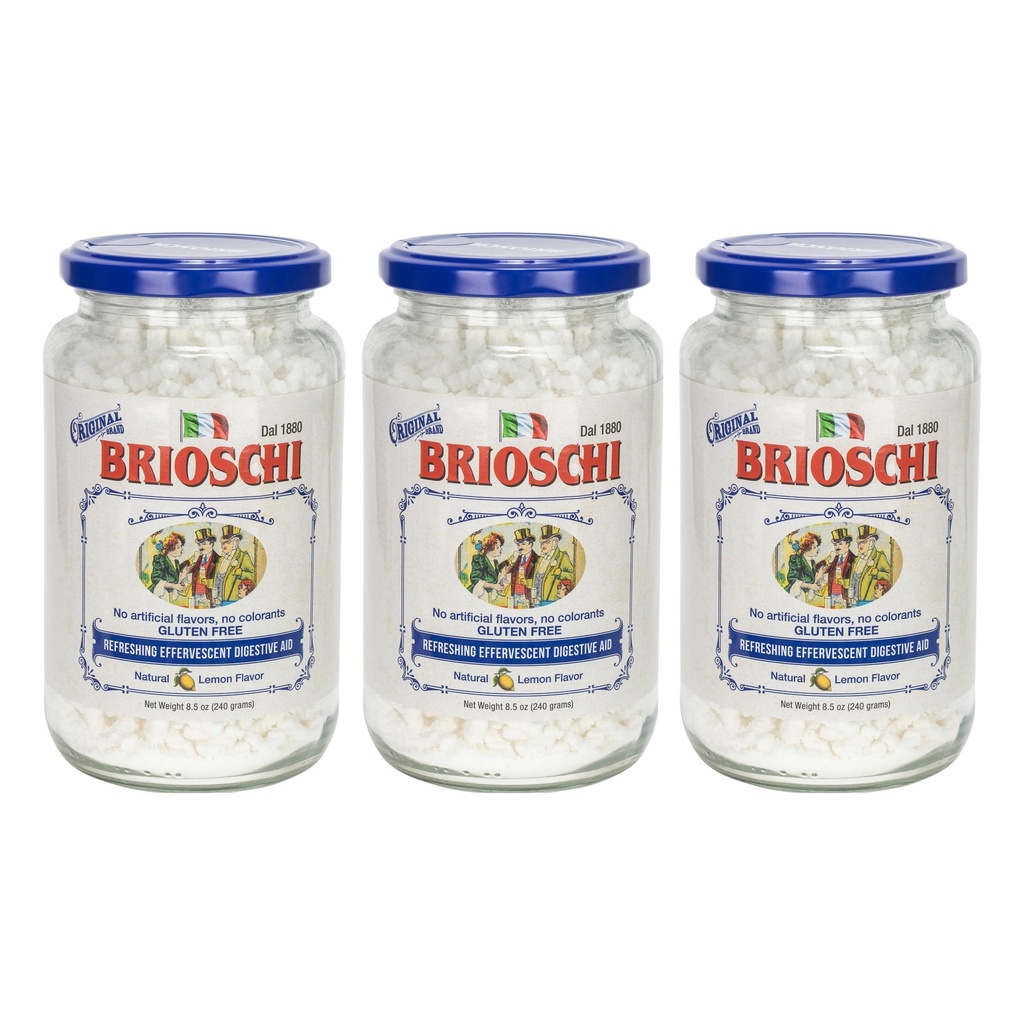 Brioschi [Pack 3 Italian Lemon Flavored Refreshing Effervescent ¦ Ayuda Digestiva, Heartburn, Upset Stomach, Acid Indigestion TEN Gluten Free, No Colorants, No Artifictial Flavors  8.5 oz Glass