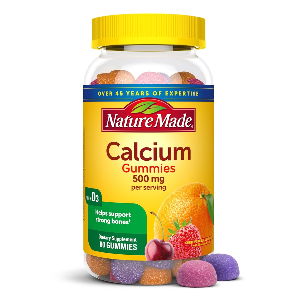 Nature Made Calcium Gummies 500 mg Por Serving with Vitamin D3, Suplemento dietético de calcio para el soporte de huesos, 80 Gummies, 40 Day Supply
