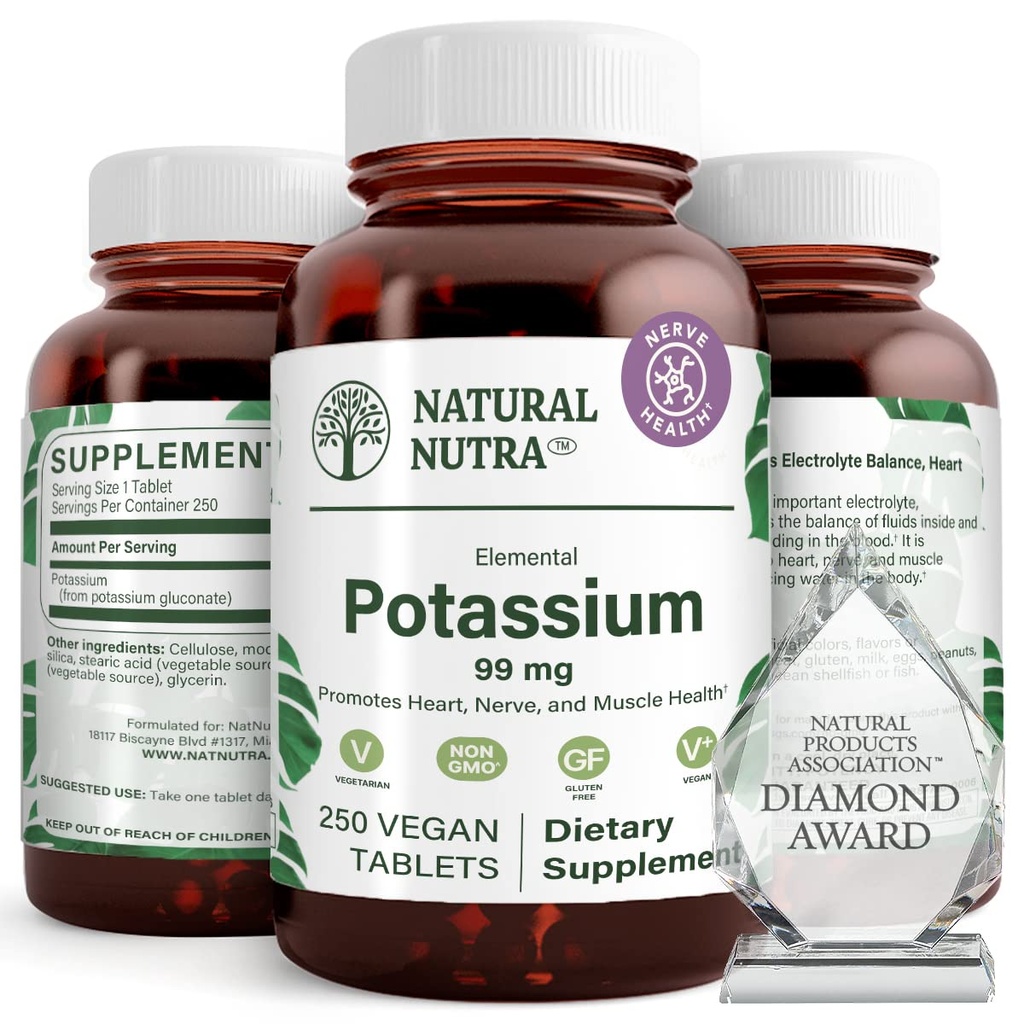 Natural Nutra Elemental Potasio Gluconato 99 mg Suplemento dietético – promueve la energía, ayuda al sistema nervioso superior, promueve la salud cardíaca, regulación mineral, función muscular - 250 tabletas vegas