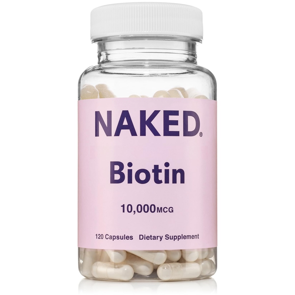 Biotina NAKED 10,000mcg - Max Strength Vitamin B7 Suplemento para el cabello saludable, piel & uñas Soporte - No GMO, libre de gluten, Vegan - Apoya la producción de queratina - 120 cápsulas