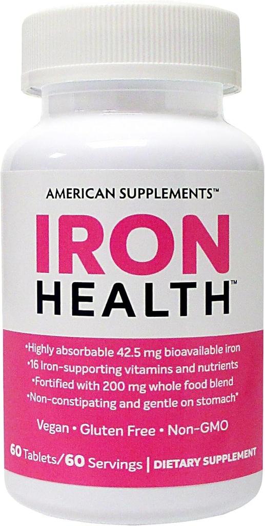 Hierro Salud 42,5 Mg Hierro no estreñidor con 16 vitaminas y nutrientes que suministren hierro, incluyendo vitamina C 60 tabletas