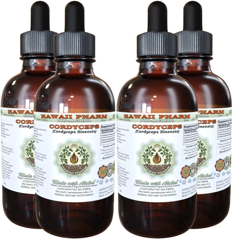 Cordyceps Extracto líquido libre de alcohol, Cordyceps (Cordyceps Sinensis) Mushroom Glycerite Hawaii Pharm Natural Herbal Suplemento 4x4 oz