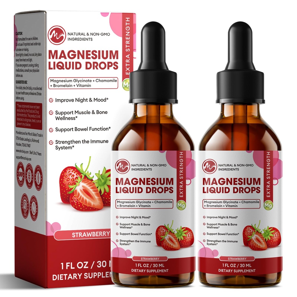 M inch Magnesium Glycinate Liquid, Absorción alta Magnesium Liquid Drops with Cellulose Fiber, Bromelain, Vitamina B6, C, D, Zinc, Magnesium Supplement for Kids and Adults, Strawberry Flavor, 2 Pack