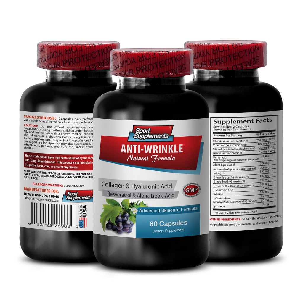 Resveratrol 250 - Píldoras antirrugas - Anti envejecimiento cuidado de la piel para las mujeres, píldoras antirrugas colágenas, jugo de aloe vera para la piel, cápsulas de aloe vera orgánicas, vitaminas de ácido haulorónico, 1 Bot 60 Cápsulas