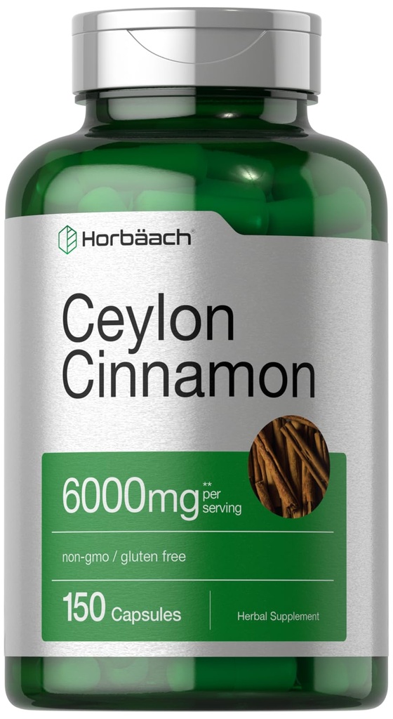 Horbäach Ceylon Cinnamon Capsules ← 6000 mg Silencio 150 Conde Silencio No GMO &amp; Gluten Suplemento gratuito