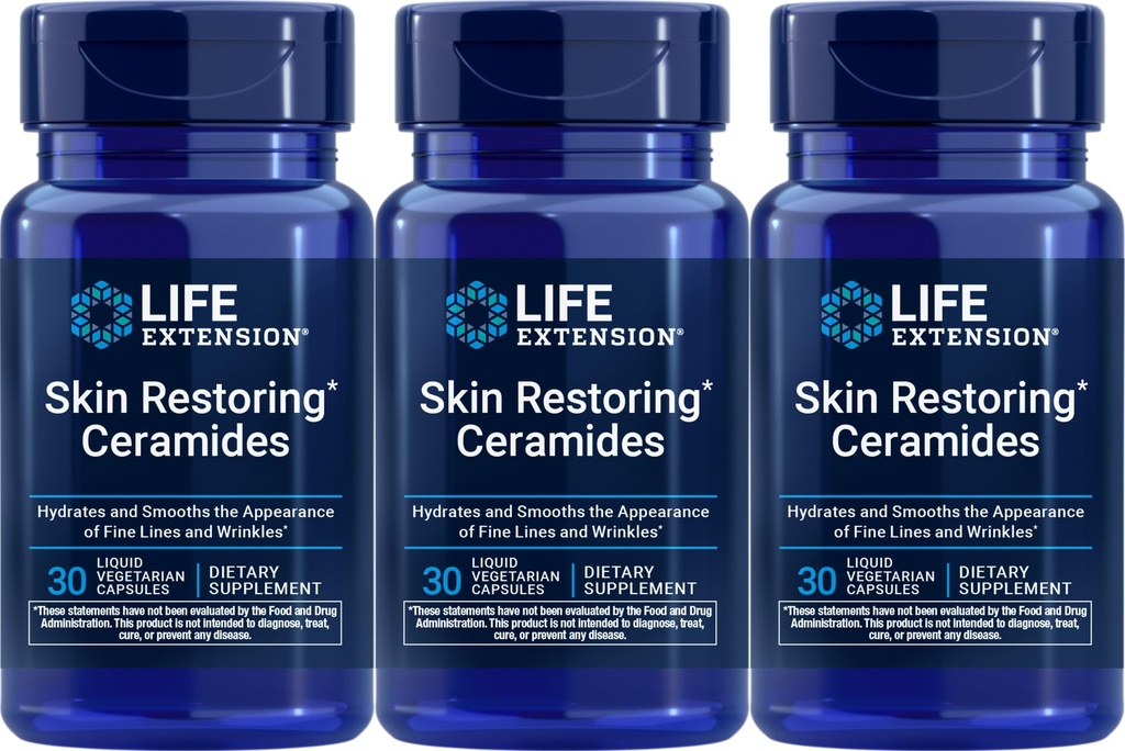 Extensión de la vida Ceramidas de restauración de la piel, 30 cápsulas vegetarianas líquidos (Pack of 3)