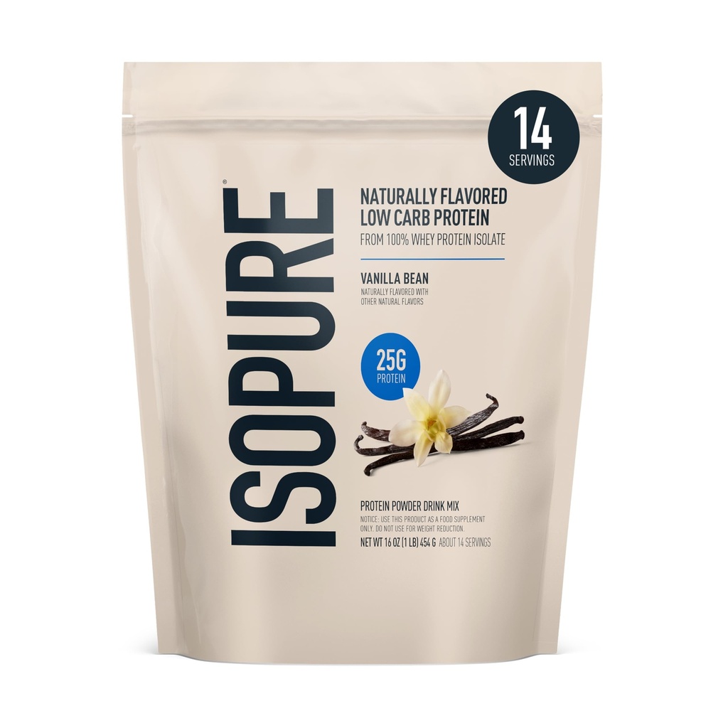 Isopure Low Carb 100% Pure Whey Isolate Protein Powder, Lactose Free, Gluten Free, With Vitamins, Vanilla Bean, 25g Protein Por Serving, 1 Lb, 14 Servings (Packaging May Vary)