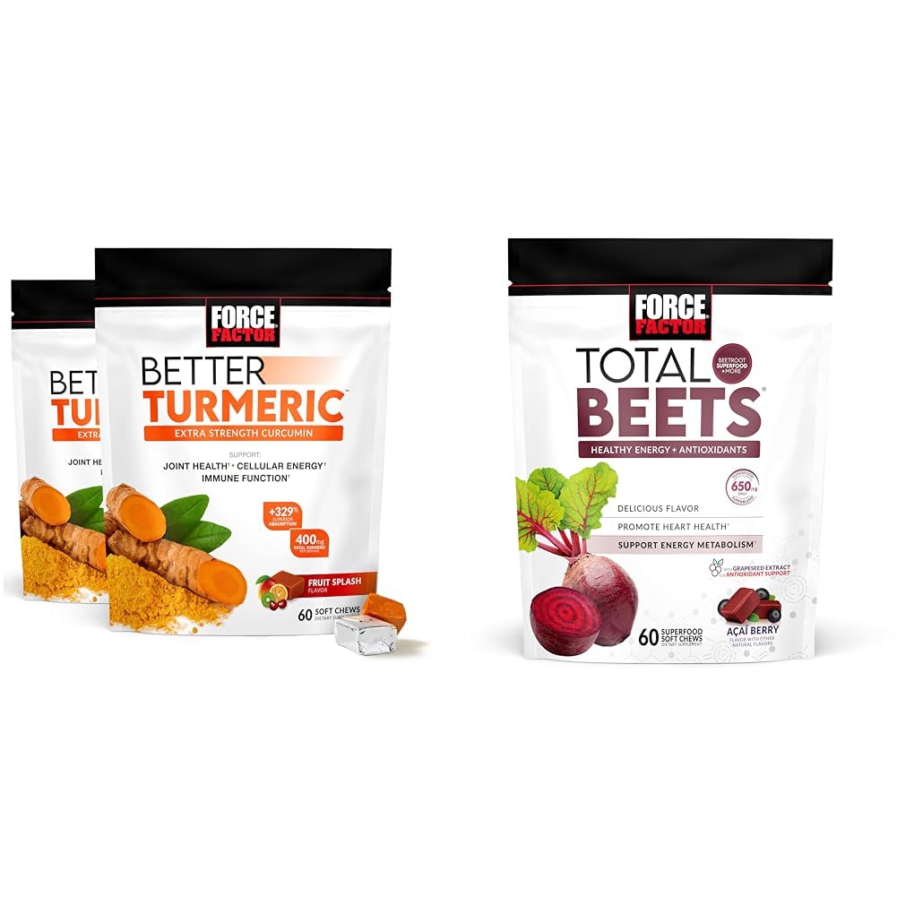 Factor de fuerza Mejor Turmérico 120 Mandíbulas suaves " Total Beets 60 Soft Chews Bundle for Joint and Heart Health