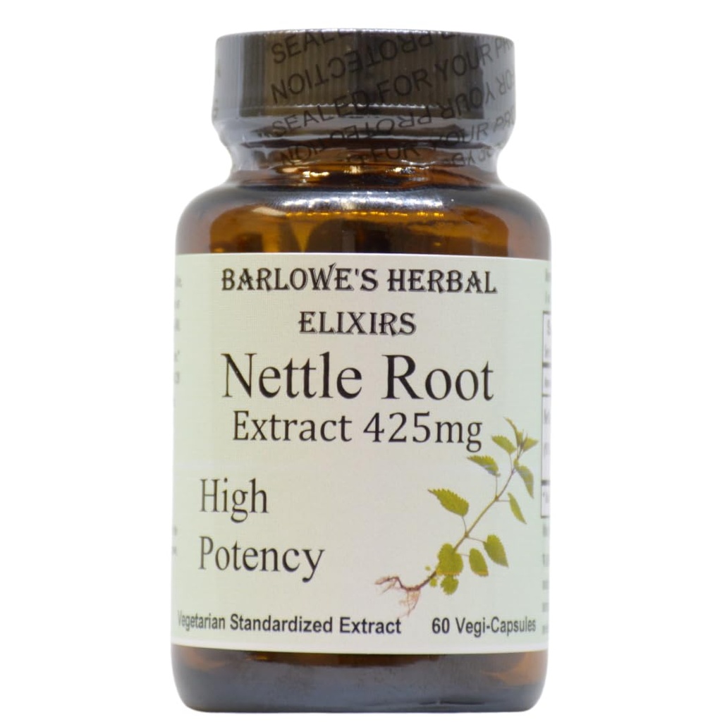 Barlowe's Herbal Elixirs Nettle Root Extract ← Urtica Dioica con 95% 3,4-Divanillyltetrahydrofuran TEN 425mg Por Capsule Ø 60 Vegan Capsules TEN Stearate-Free TEN Glass Bottles