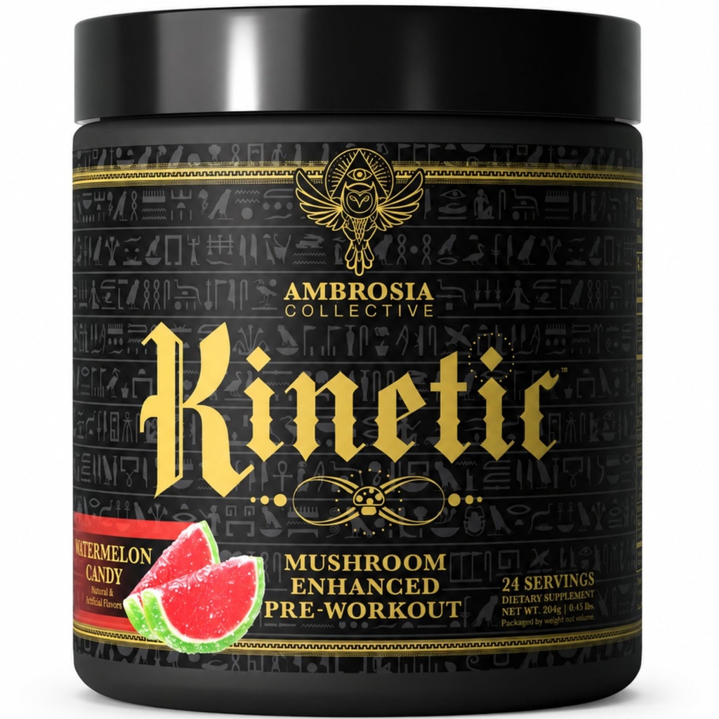 Ambrosia Kinetic Organic Preworkout, Mushroom Enhanced Natural Pre Workout Suplemento, Nootropic Superfood Powder for Energy (Watermelon Candy)