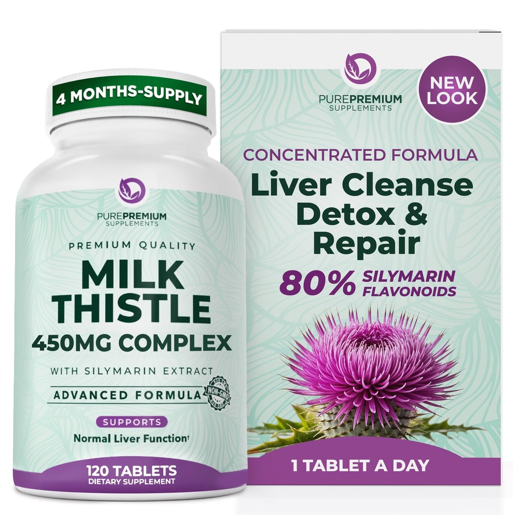 Suplemento de carburante de leche pura Premium – Reparación de desintoxicación de limpieza en vivo, 80% Silymarin Standardized Extract – 450mg Complex Supports Normal Liver Function – Non-GMO, Gluten-Free - 120 Supply