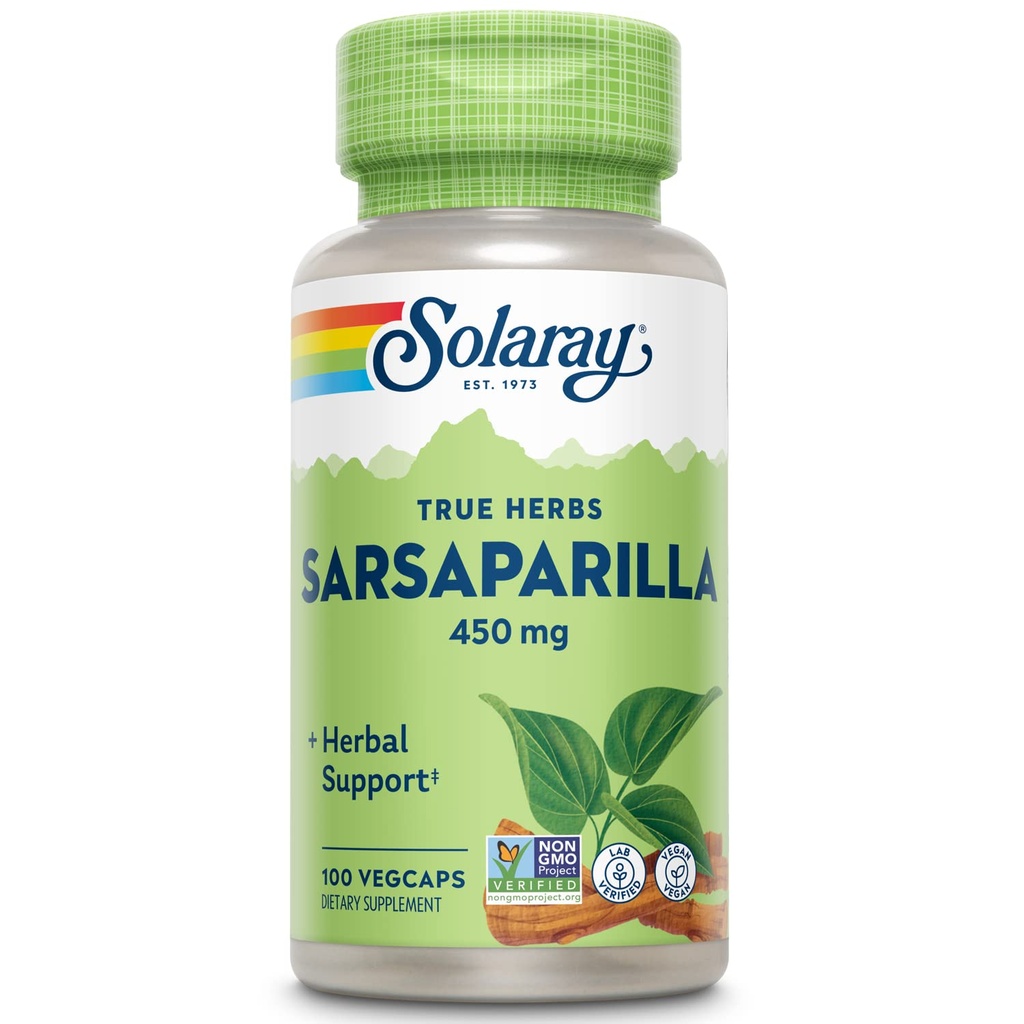 SOLARAY Sarsaparilla Root 450 mg - Soporte Herbal Tradicional - No GMO, Vegan, Laboratorio Verificado - Garantía de devolución de dinero de 60 días - 100 Servimientos, 100 VegCaps