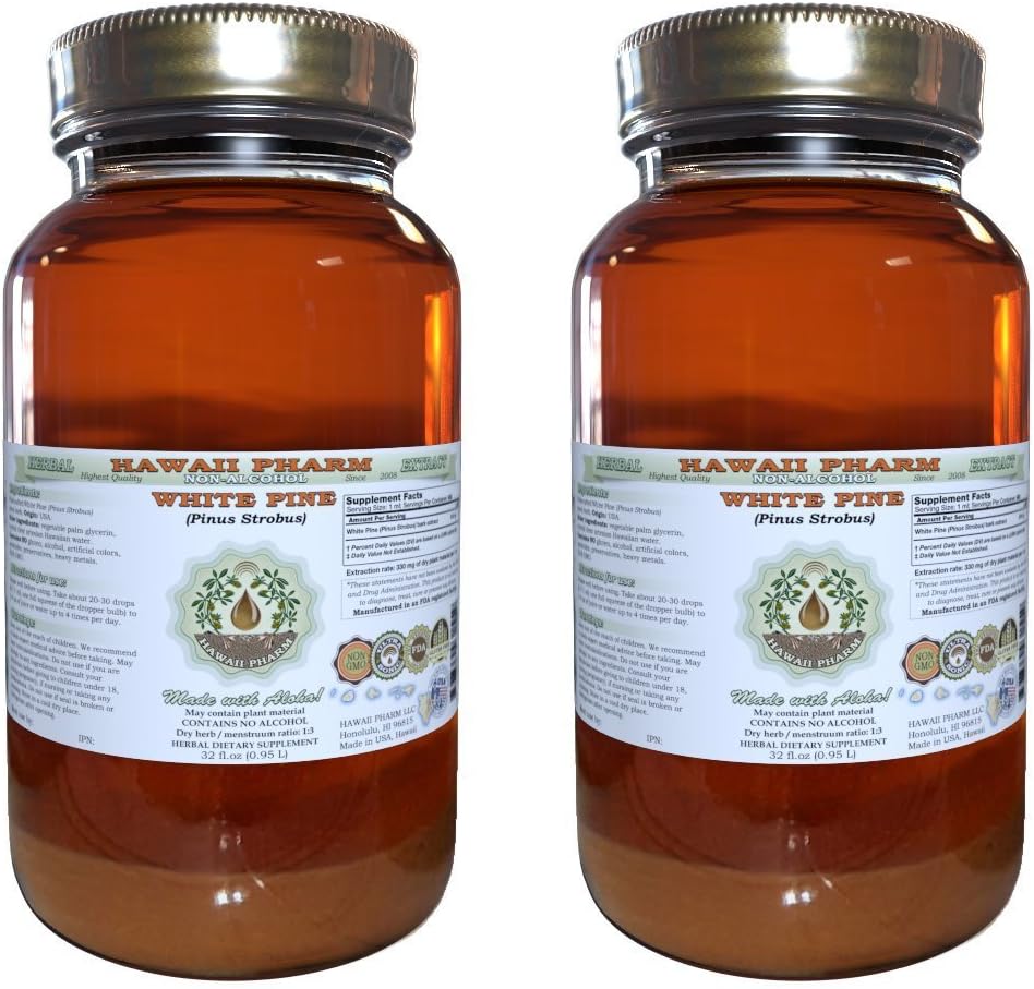 White Pine Alcohol-Free Liquid Extract, White Pine (Pinus Strobus) Dried Bark Glycerite Natural Herbal Suplemento, Hawaii Pharm, USA 2x32 fl.oz