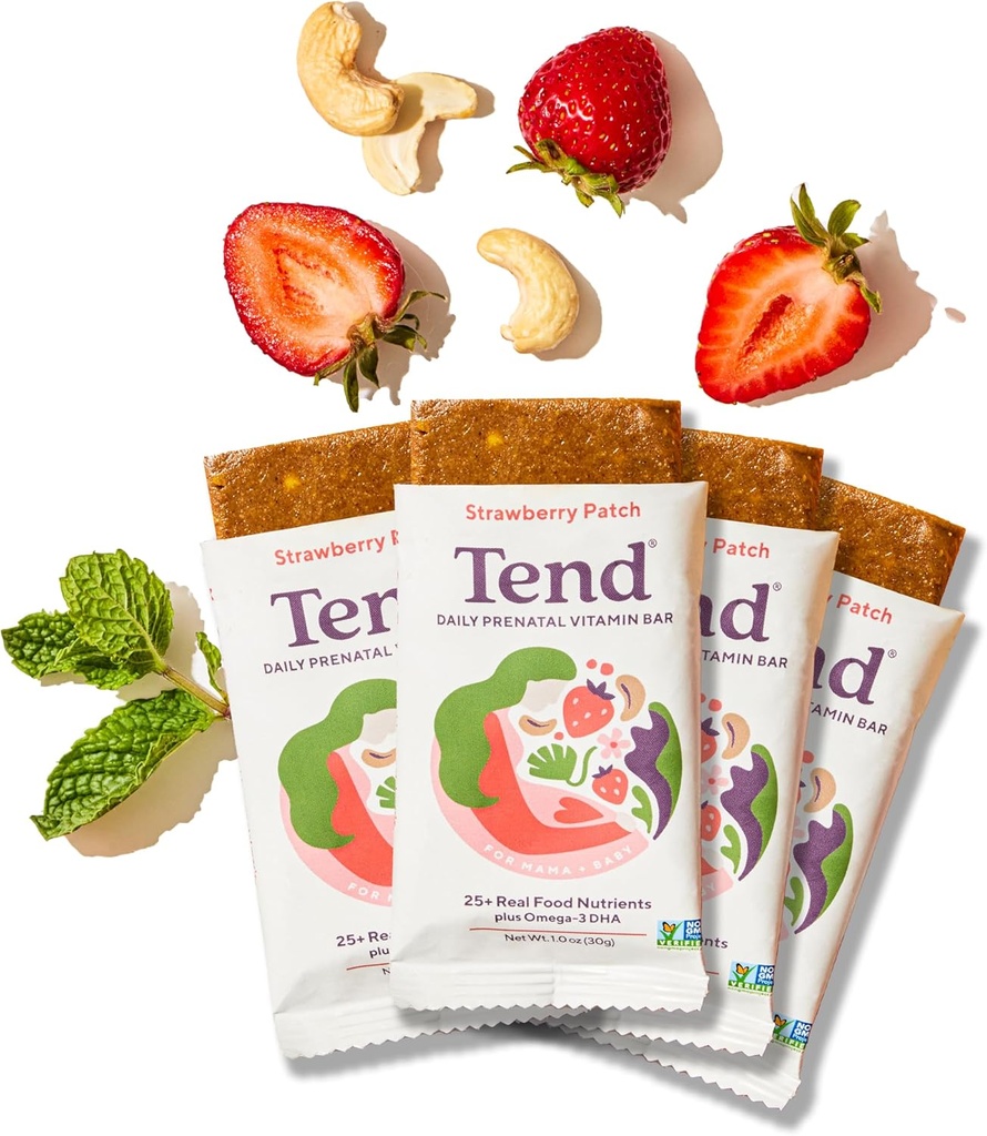 Tend Daily Best Prenatal Vitamin Bar, Made with Organic Ingredients for Pregnant & Postpartum Mothers, Incluye DHA, Vitamina D, B, Choline, Folate - Strawberry Patch (4ct)