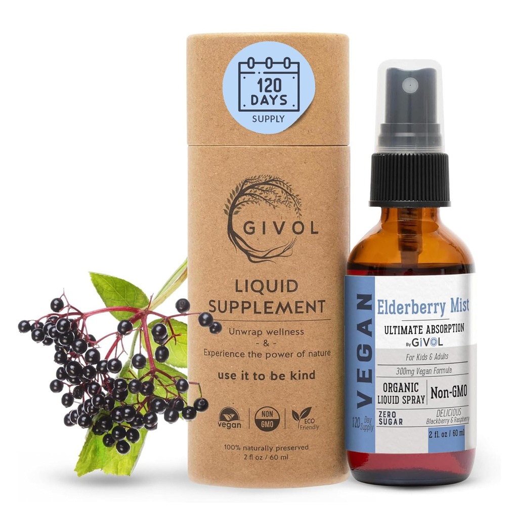 Elderberry Mist (Sambucus Nigra) Extracto líquido – Boost de Inmune de Fuerza Extra para Adultos Niños – Niveles altos de Flavonoide, Absorción Fácil, No GMO, Vegan – Suministro de 120 Días