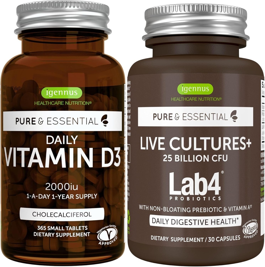 Vitamina diaria D3 + Culturas vivas+ Lab4 Probióticos Bundle, 365 2000iu Vitamina D3 Tabletas + 25 Billones CFU Lactobacillus Acidophilus & Bifidobacterium with Non-Bloating Prebiotic, by Igennus