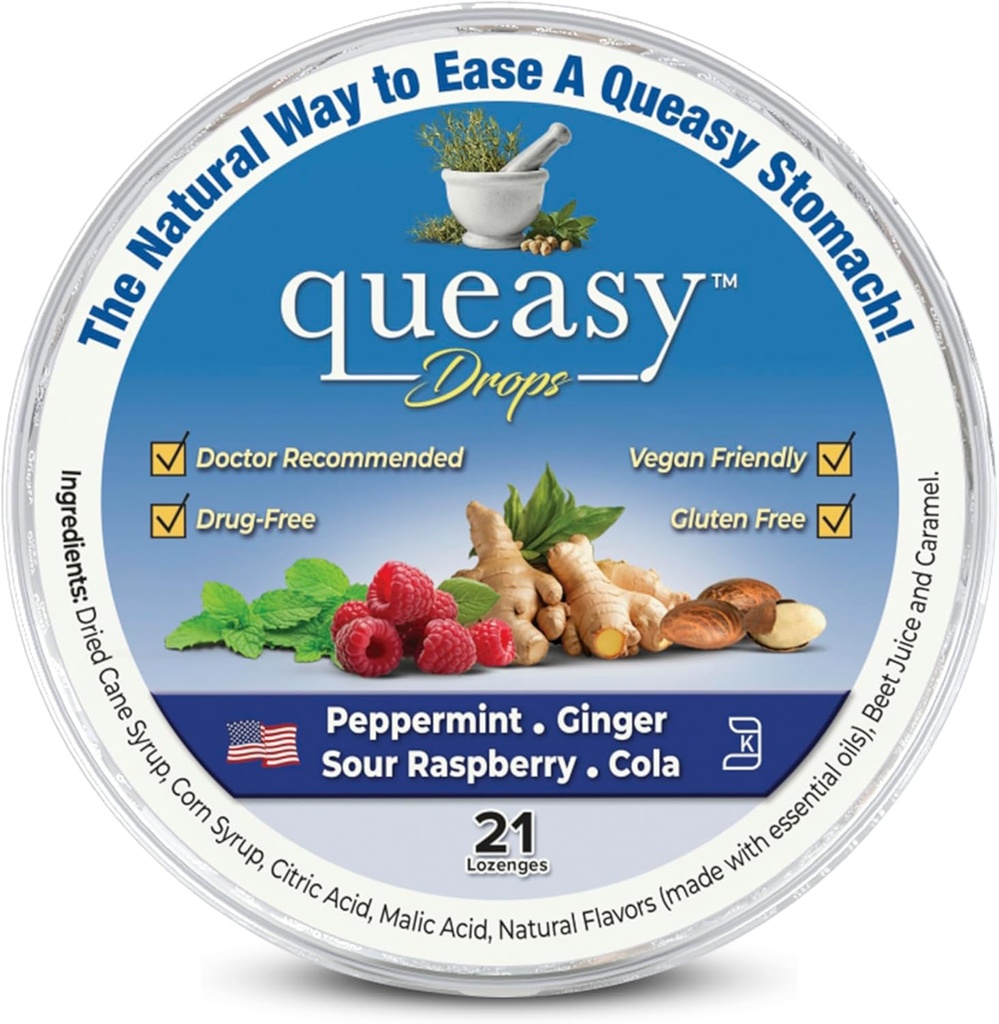 Tres Lollies Queasy Drops - Ease Chemotherapy Nausea &amp; Travel Sickness - Alivia un Mouth seco - Ingredientes naturales - 21 ct