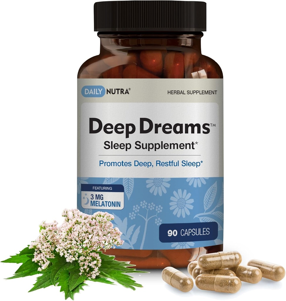 Sueños profundos ~ Suplemento natural del sueño - Promueve el sueño profundo, relajante - Blend of Melatonin, L-Tryptophan, Apigenin, Valerian, Chamomile, " Passionflower (90 cápsulas)