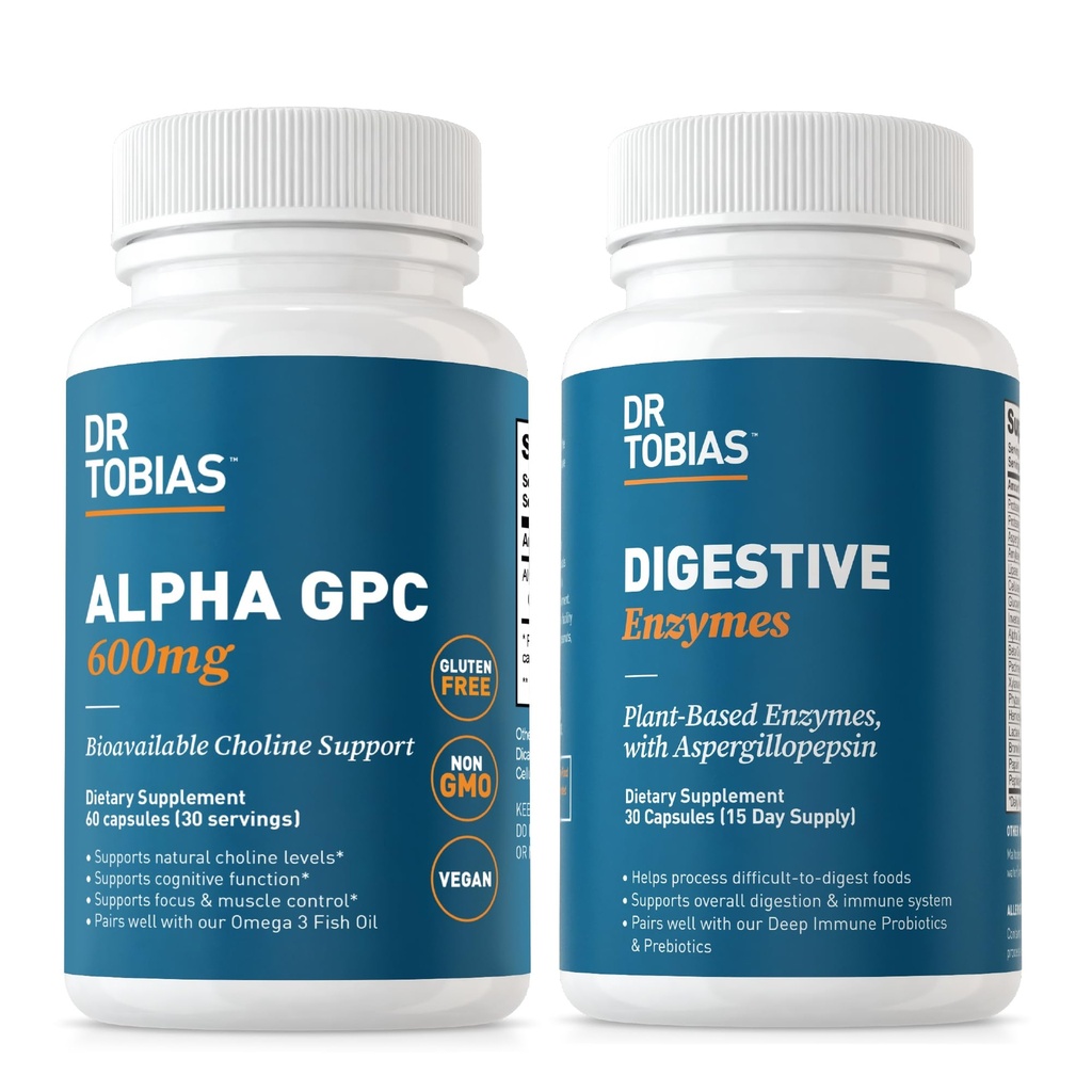 Dr. Tobias Alpha GPC " Enzymes Digestivos - Apoyo Función Cognitiva " Salud Gut todos los días con suplemento de línea biodisponible " Enzimas Premium para la Digestión, No GMO