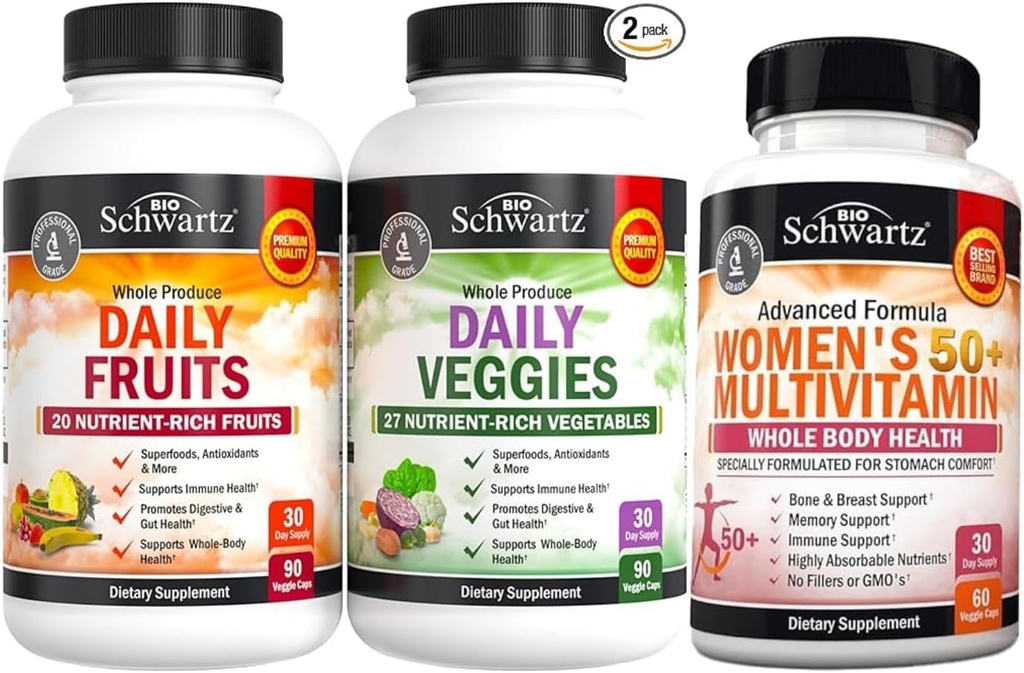 BioSchwartz Suplemento diario de frutas y verduras para mujeres y hombres (1 mes de suministro) más multivitamina diaria para mujeres 50 & más (1 mes de suministro)