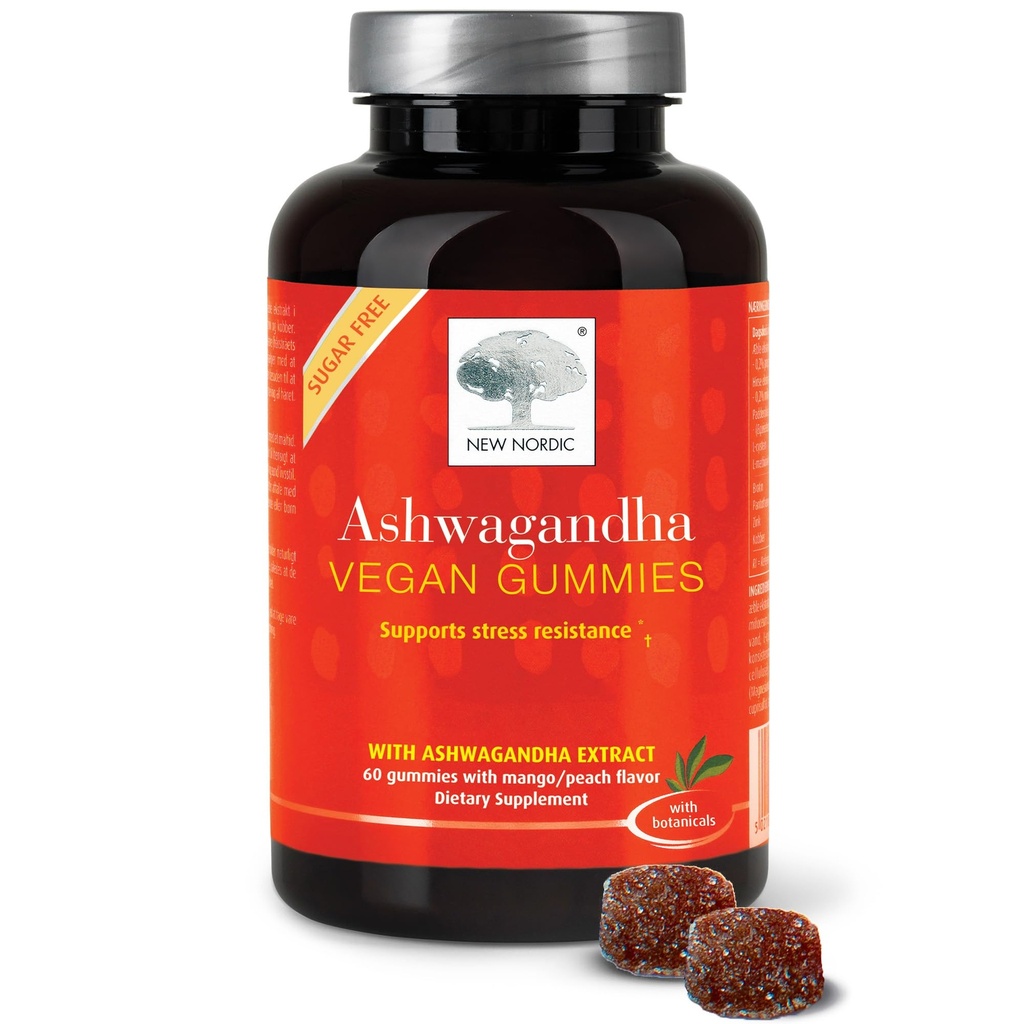 NUEVAS Gummies de Ashwagandha NORDIC, 300 mg Ashwagandha Root Extract, Sugar Free, Adaptogens for Men and Women, Delicious Mango Peach, 60 Gummies
