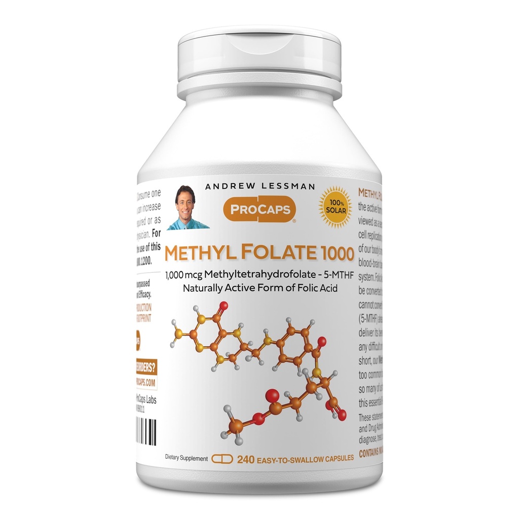ANDREW LESSMAN Methyl Folate 1000mg - 240 Capsules - 1000 mcg L-Methyl Folate, Potent Levels of Essential Vitamin B9. Admite Healthy Heart, Brain, Immune and Pregnancy. Cápsulas fáciles de absorber