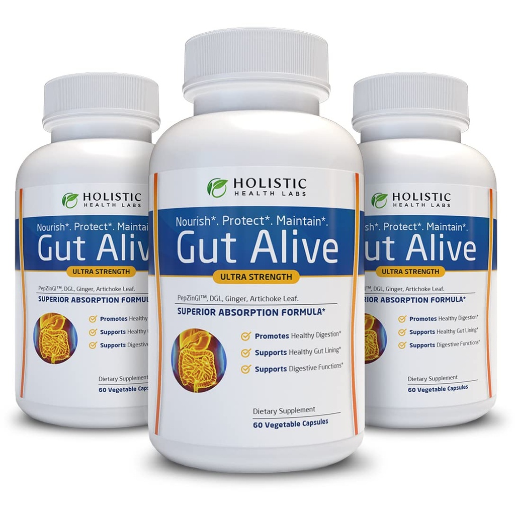 Gut Alive - All Natural Support to Fight IBS, Heartburn, Acid Indigestion, Acid Reflux, Bloating & Gas. Fórmula única (60 Cuenta (Pack of 3))