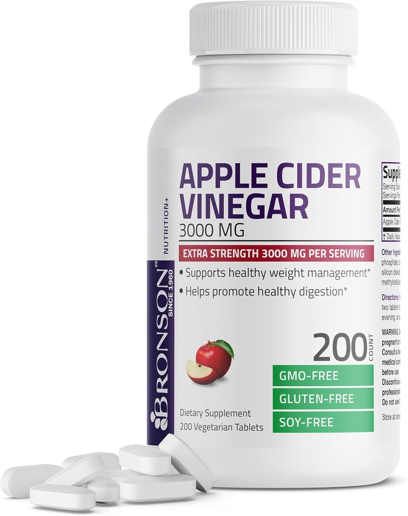 Bronson Apple Cider Vinegar 3000 MG por Serving Extra Strength - Non-GMO, 200 tabletas vegetarianas