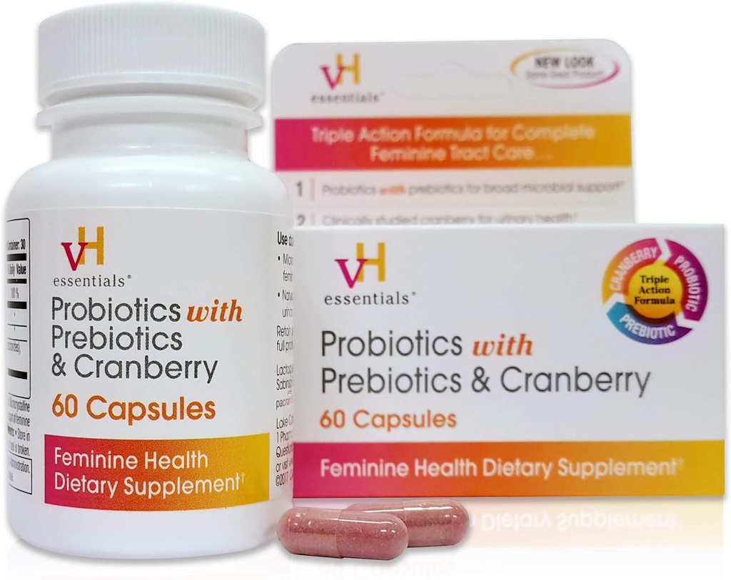 VH esencial Probióticos con Prebióticos y Suplemento de Salud Femenina de Arándano, 60 Cuenta
