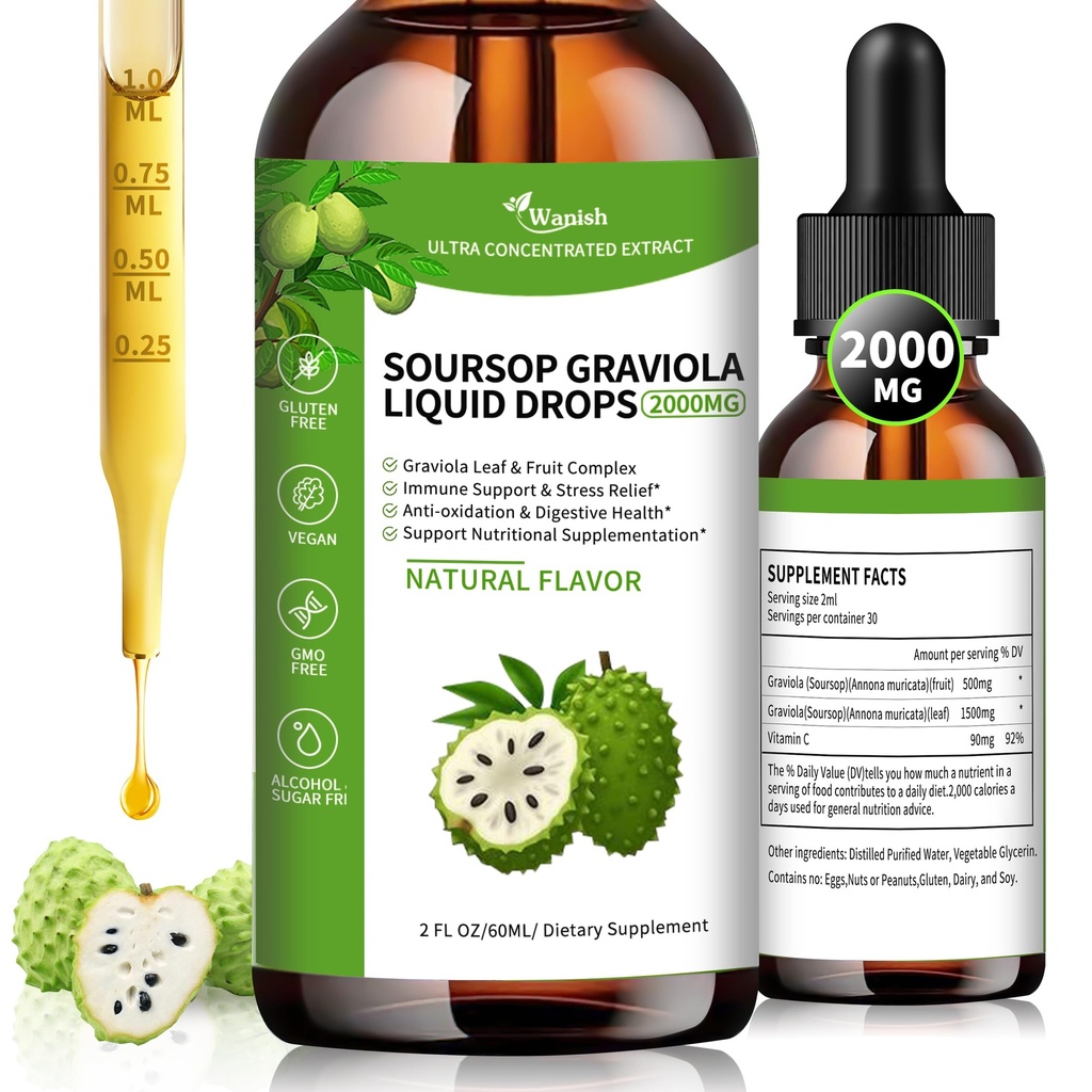 Wanish Organic Soursop Graviola Liquid Drop,Sour SOP Bitters Liquid for Cell Support &amp; Regeneration, Immune Boost, Liver and Sleep, Herbal Goodness, Sugar/Gluten Free, Natural Flavor, 2 Fl Oz